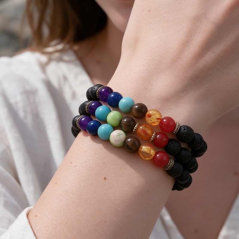 12pc Black Volcanic Stone Chakra Beaded Bracelet Set, Unisex